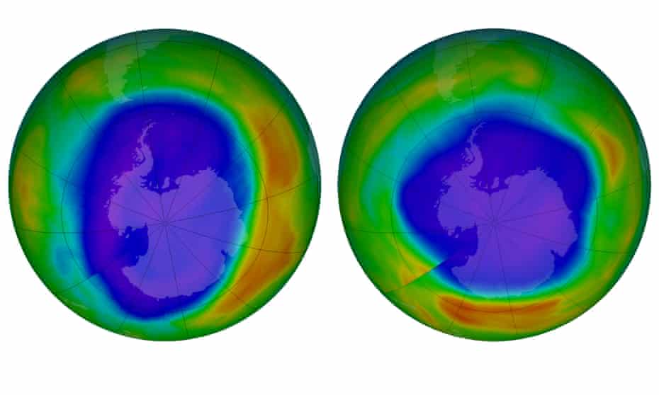Areas of low ozone above Antarctica on September 2000, left, and September 2018.