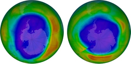 Ozone above Antarctica in 2000, left, and in 2018