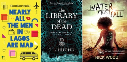 The covers of Nearly All the Men in Lagos Are Mad, The Library of the Dead and Water Must Fall