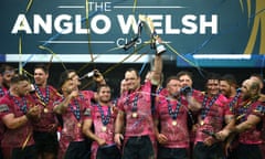 Exeter’s Kai Horstmann lifts the Anglo-Welsh Cup after the final against Bath