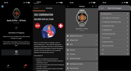 Screenshots showing settings for the Garmin inReach service for a Fenix 8 Pro watch.