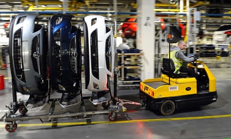 Vehicle parts for Astra cars are transported on the production line at the Vauxhall factory in Ellesmere Port.