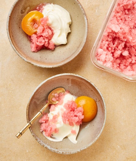 Poached peaches with rose granita