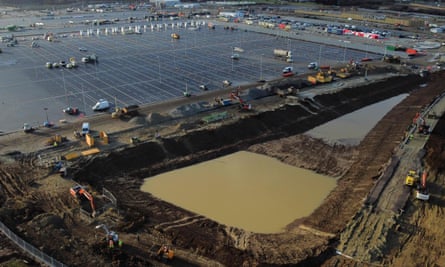 Construction work on Thursday at a lorry park near the M20 at Ashford in Kent.