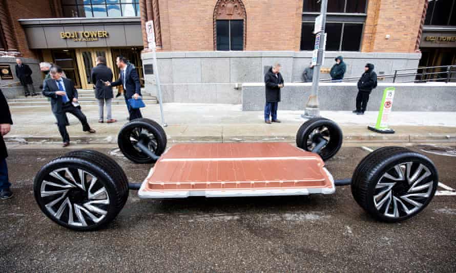 A General Motors Hummer EV chassis in Lansing, Michigan.