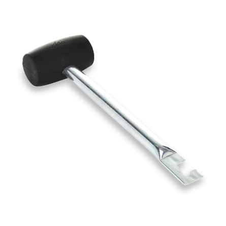 A Quechua Camping Mallet. It has a chrome handle and black mallet head.