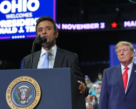 President Donald Trump listens as gubernatorial candidate Vivek Ramaswamy speaks at a campaign rally at the Covelli Centre, in Youngstown, Ohio, earlier this month.