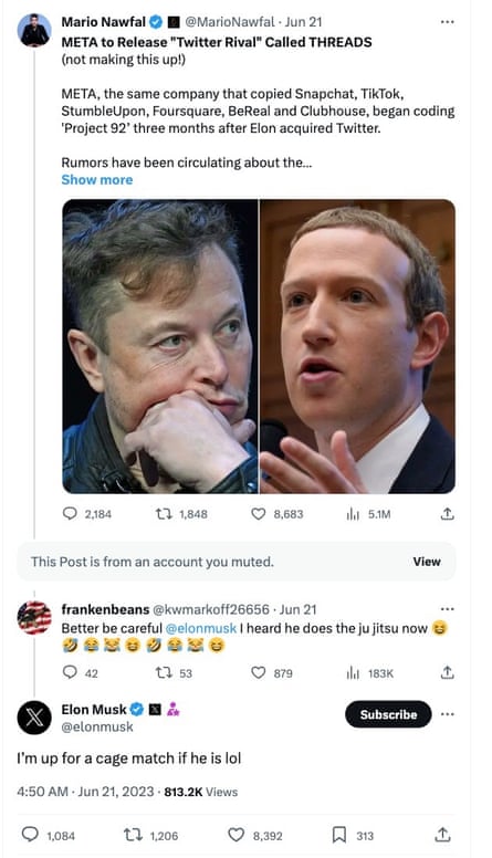 Musk's tweeted challenge to Zuckerberg