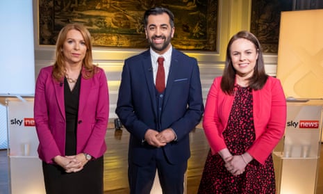 SNP leadership candidates Ash Regan (left), Humza Yousaf and Kate Forbes in the Sky News studio.
