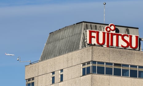 Fujitsu logo on its head office building in Bracknell, west of London.