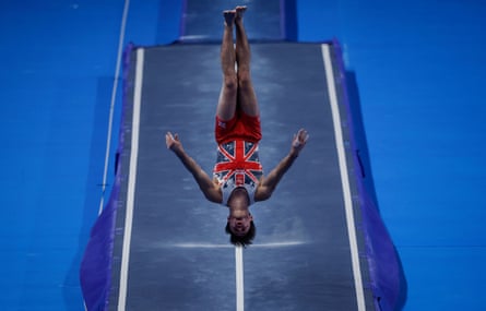 Jaydon Paddock of Great Britain in the men’s team tumbling final