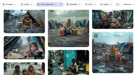 A series of photographs showing black and brown-skinned people living in poverty in what appear to be refugee camps