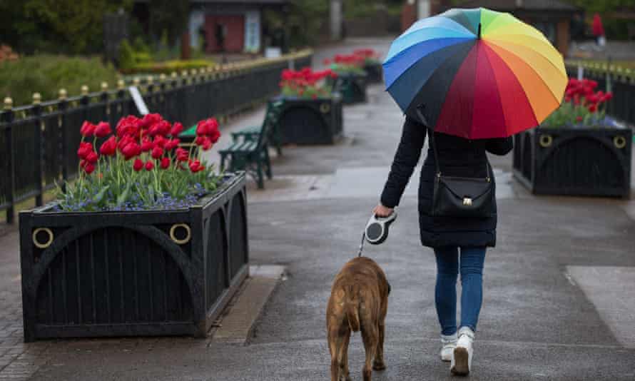 A woman walks her dog in the rain in Cardiff, south Wales.