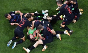 Croatiaâs players celebrate at the end of the penalty shootout.