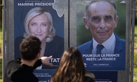 Election campaign posters for Marine Le Pen and Eric Zemmour in Montaigu, western France