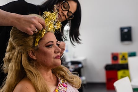 Lee Abrahmsen (Freia) has her crown removed in the makeup room after the curtain falls on opening night