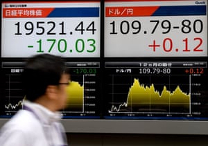 An electronics stock indicator at the window of a security company in Tokyo today.