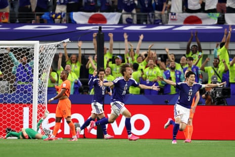 Koki Ogawa of Japan celebrates scoring his team's second goal against the Netherlands.