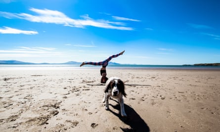 Woman doing yoga on the beach, her dog is with her. Zest Life Retreats, North Wales