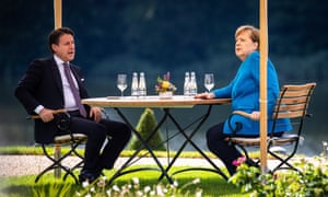 Angela Merkel and Giuseppe Conte at talks on Monday.