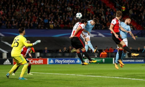 Manchester City’s John Stones heads in their fourth goal.
