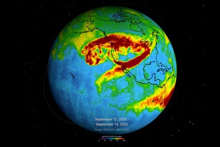 This image and description from Nasa’s Atmospheric Infrared Sounder, which is aboard the Aqua satellite, shows captured carbon monoxide plumes coming from California wildfires over a three-day period in September 2020.