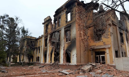 A school destroyed as a result of fighting not far from the centre of Kharkiv.