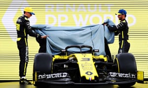 Daniel Ricciardo (right) and Esteban Ocon launch the livery of their new Renault Sport RS20 before the aborted Australian Grand Prix in March