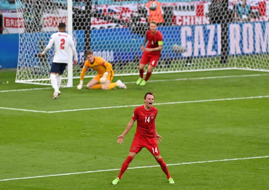 Mikkel Damsgaard savours the moment after giving Denmark the lead against England with a free-kick
