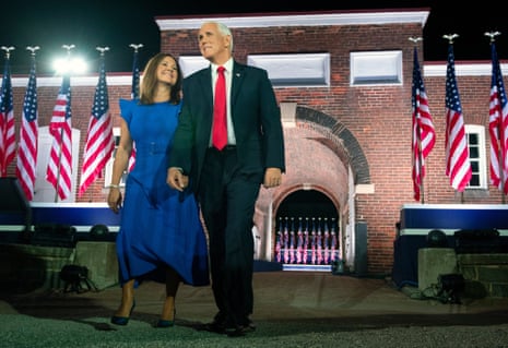 United States Vice President Mike Pence and his wife Karen Pence arrive for the third night of the Republican National Convention, at Ft. McHenry in Baltimore, Maryland.