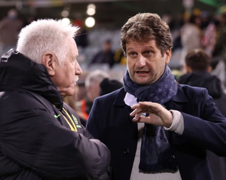 Incoming Matildas coach Joe Montemurro speaks with Tom Sermanni during the friendly between Australia and Argentina