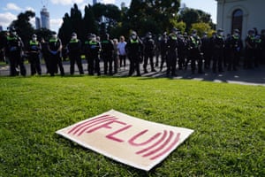 A sign reading (((FLU))) sits on the grass in front of police and protesters