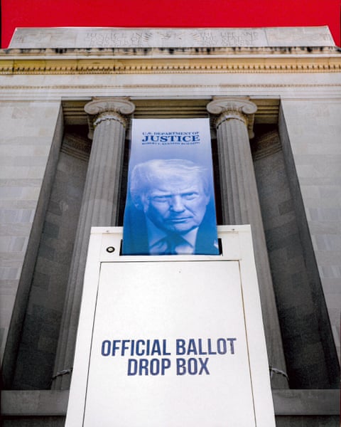 A composite illustration of an image of Donald Trump sliding into a white box labeled "Official Ballot Drop Box."