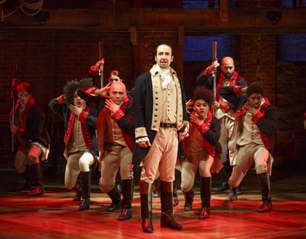 Lin-Manuel Miranda (centre) performs with the cast of Hamilton in New York.