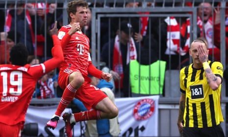 Thomas Müller of Bayern Munich celebrates after scoring the team's second goal.