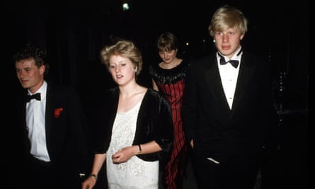 Boris Johnson arriving at Viscount Althorp’s 21st birthday party in May 1985 with his sister Rachel and friends.