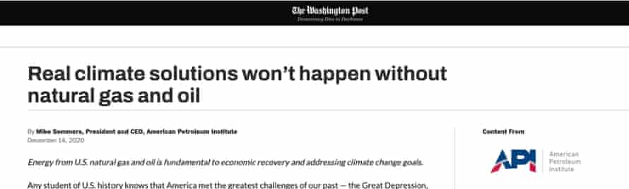 American Petroleum Institute native advertising in the Washington Post, 2021