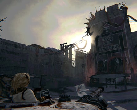 A long-haired person in a tank looks out at a ruined city with something growing over the buildings