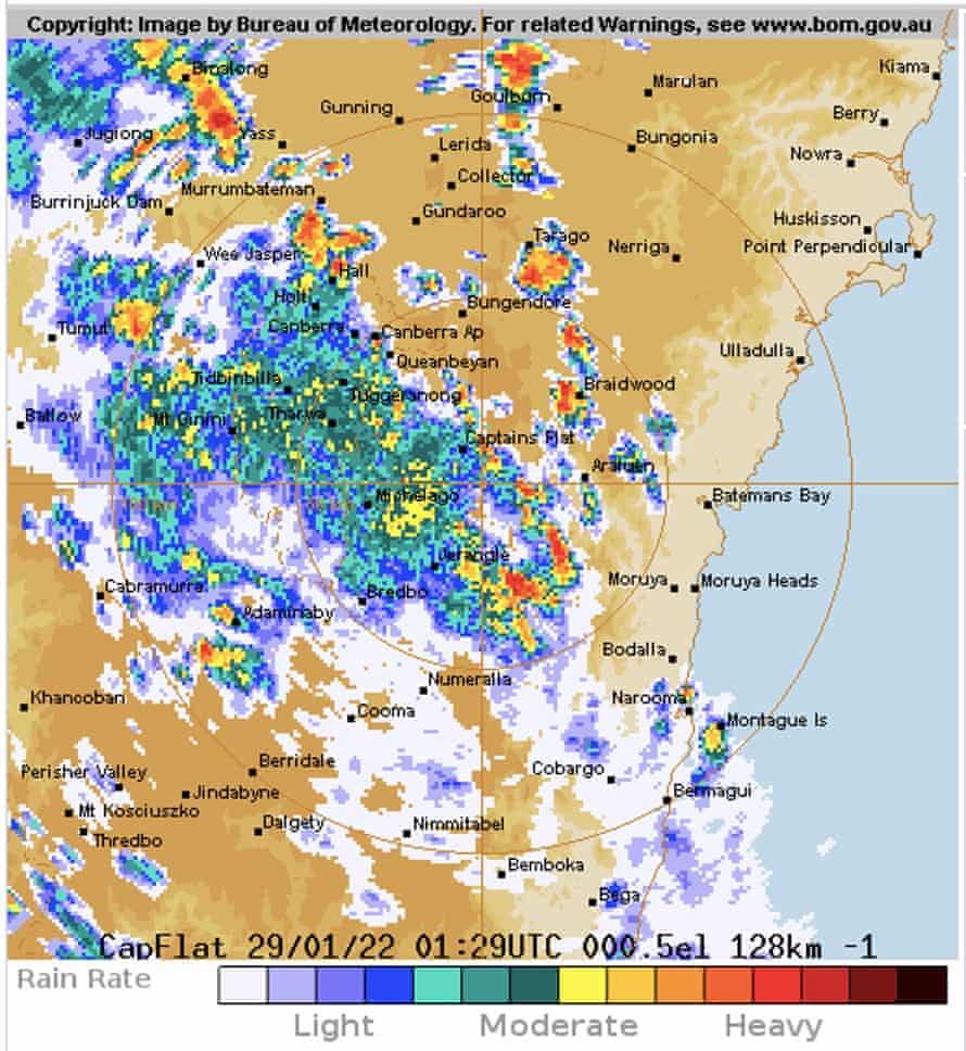 Rani radar image for Canberra showing heavy rainfall.