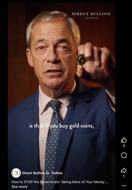 A screenshot of Nigel Farage promoting Direct Bullion on a Facebook post.
