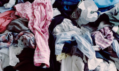 Pile of rumpled men’s clothes, elevated view
