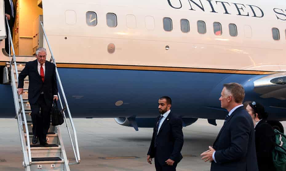 US Secretary of State Rex Tillerson disembarking from plane  in Kuwait