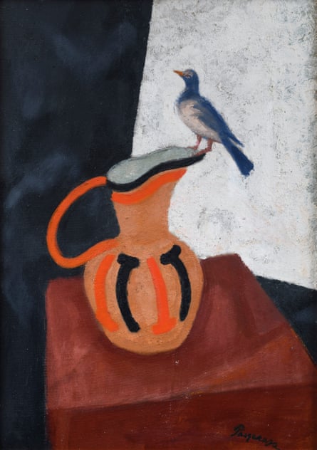 A painting of a bird sitting on the rim of a jug.