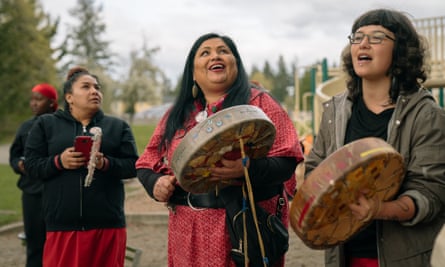Drummers perform Sister, Sister, a song for missing and murdered indigenous women, at Morrill Meadows Park in Kent, Washington.