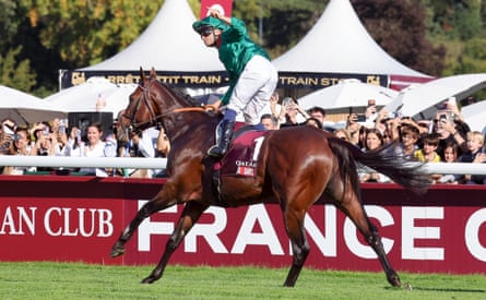 Barzalona celebrates after victory on board Daryz in the Prix de l’Arc de Triomphe.