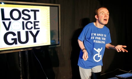 Lee Ridley as Lost Voice Guy at Glided Balloon, fringe festival 2018.