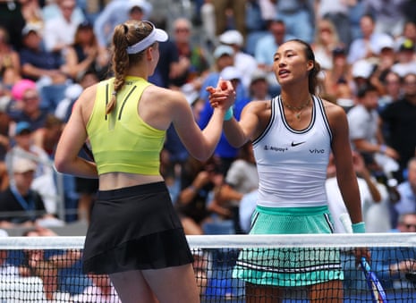 Elena Rybakina shakes hands with Qinwen Zheng after winning their quarter-final.