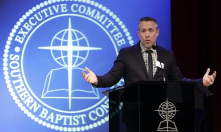 The president of the Souther Baptist Convention, JD Greear, speaks to the denomination’s executive committee in Nashville, Tennessee on 18 February.
