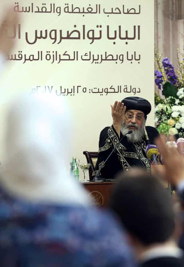 Pope Tawadros II speaks to the media in Kuwait City on Tuesday.