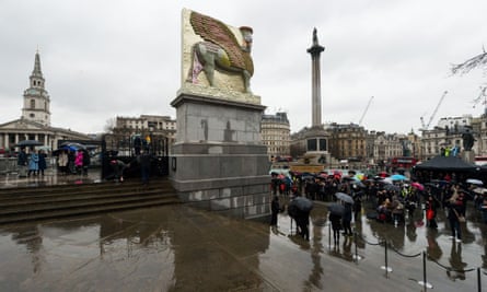 The fourth plinth artwork, titled The Invisible Enemy Should Not Exist is unveiled in Trafalgar Square